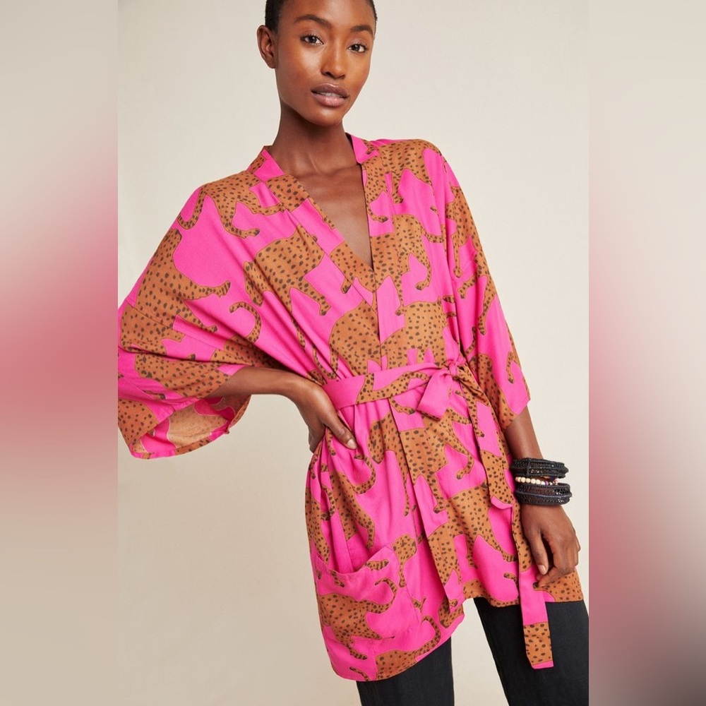 EMERSON FRY / ANTHROPOLOGIE Fete Kimono - Pink Leopard - Sz XS/S